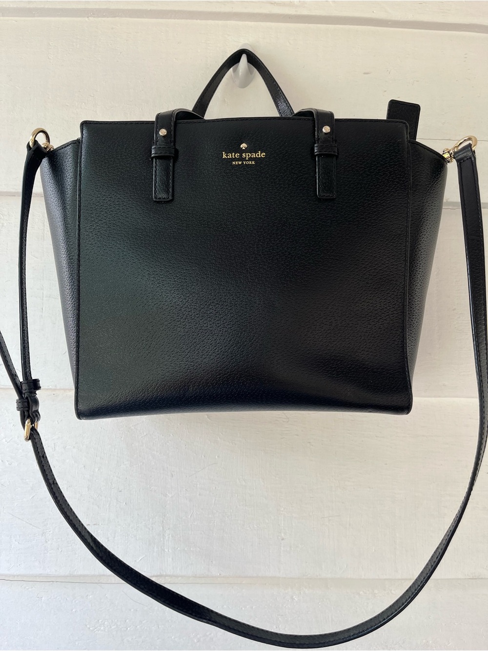 kate spade Black Leather Shoulder Tote with Gold Logo